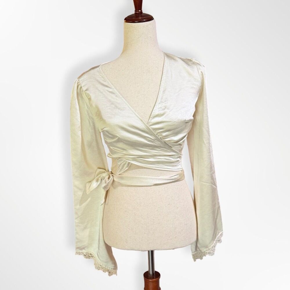 Forever 21, White Satin Bell Sleeve Cropped Wrap Top, S Bridal Elegant